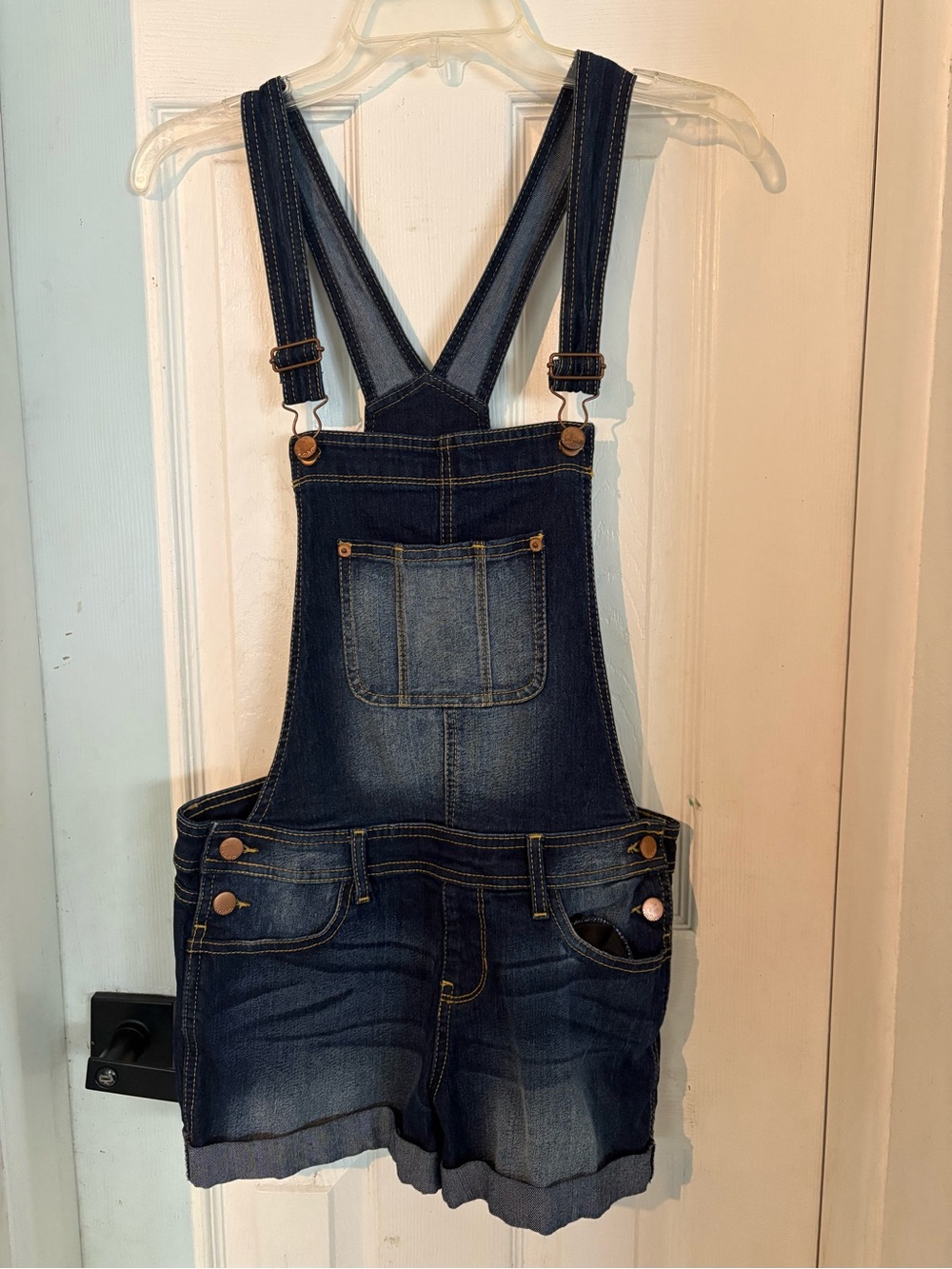 No Boundaries Dark Blue Denim Short Overalls